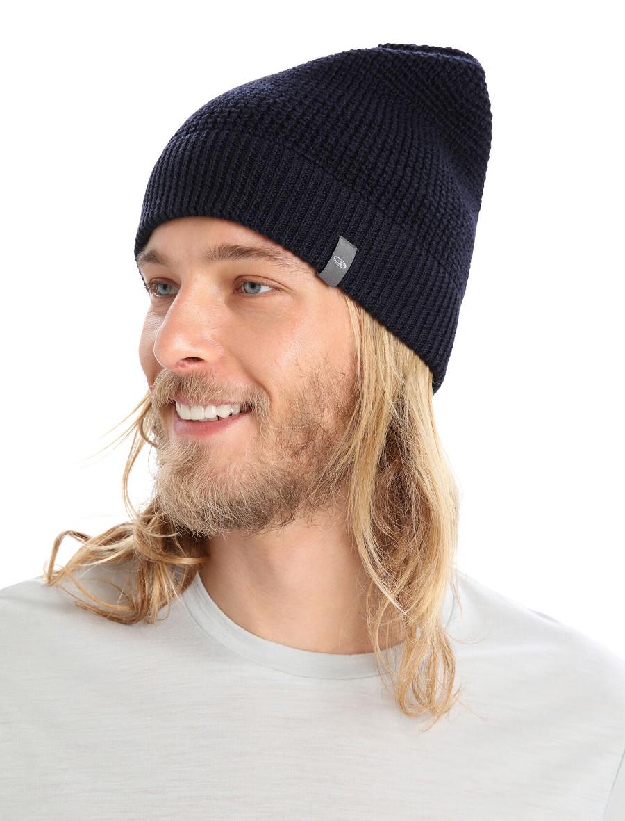 Men\'s Icebreaker Unisex Merino Feadan Slouch Beanie Hats Midnight Navy | CA 1854TCEV